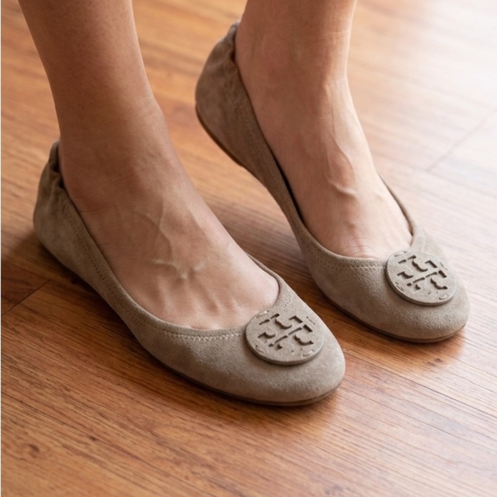 Tory Burch Taupe Suede Logo Ballet Flats